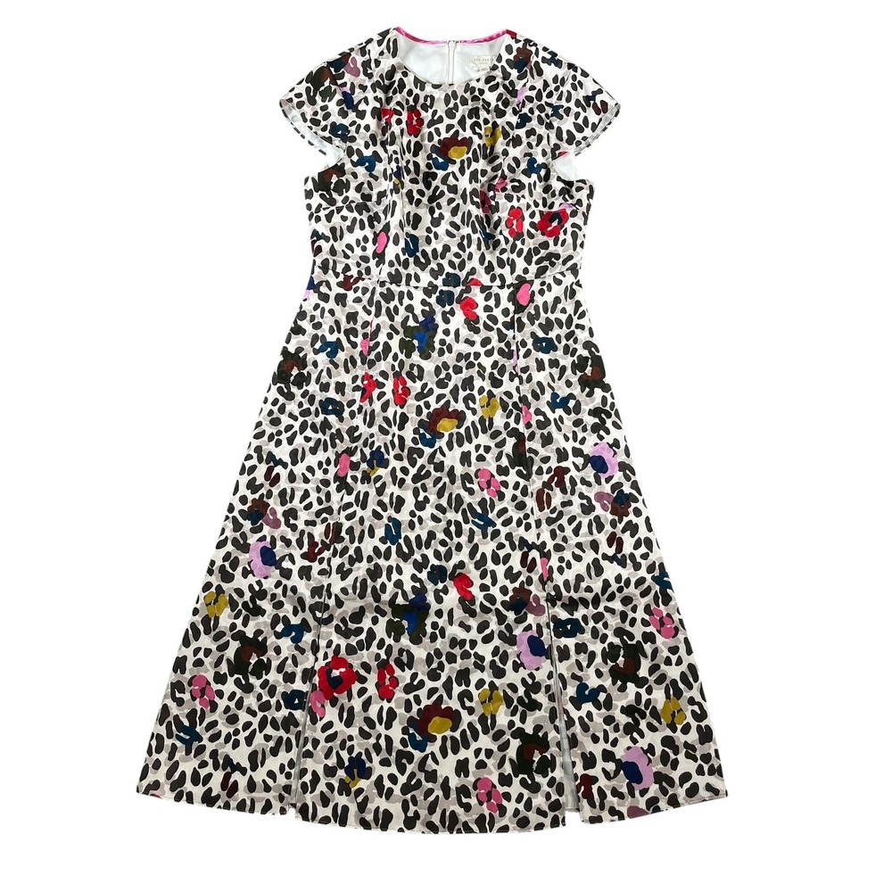 Ted Baker London Womens Leopard Floral Print Midi Dress Size 3 White Multi Color